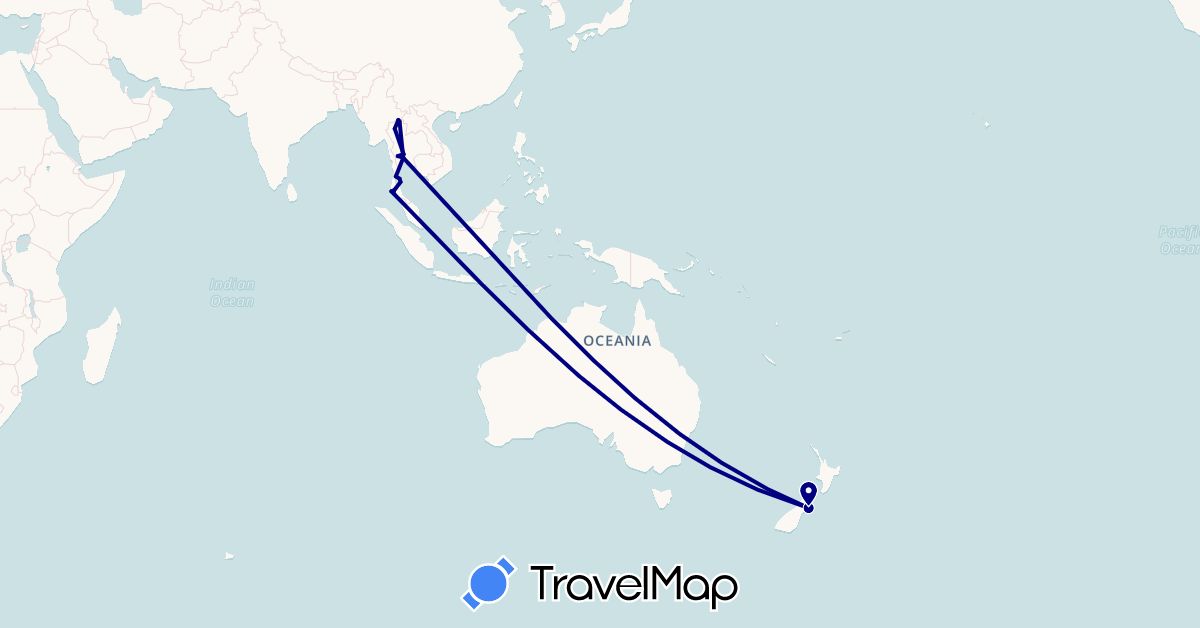TravelMap itinerary: driving in New Zealand, Thailand (Asia, Oceania)